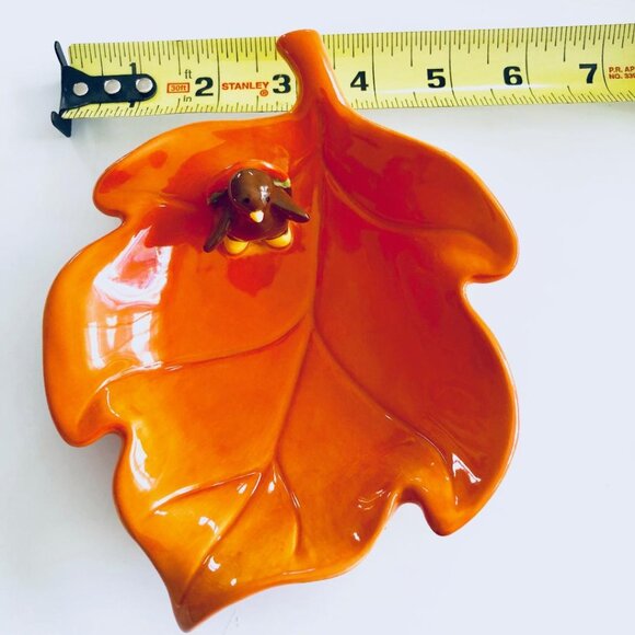 Russ, Adorable, Ceramic, Orange Leaf Trinket Dish with Small Turkey, appx 6"x7" - Picture 7 of 10